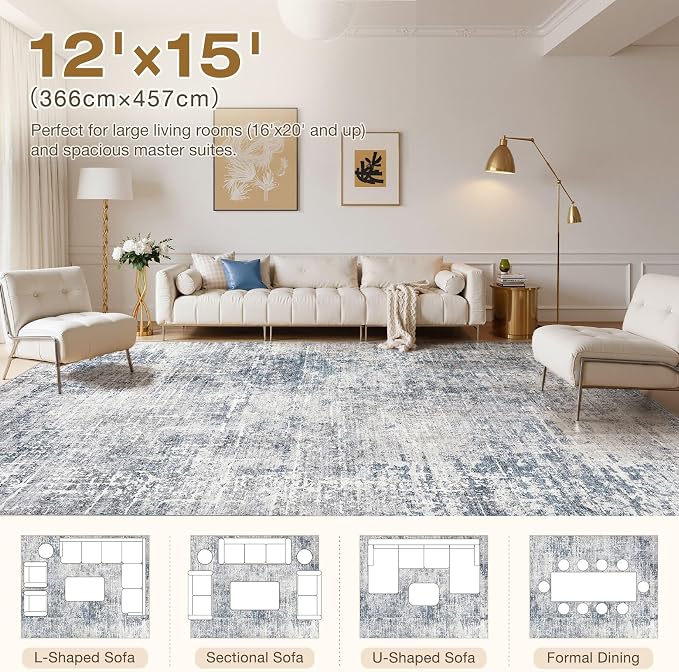 kakania Abstract 12x15 Area Rugs for Living Room: Washable Rugs Blue Grey | Soft, Non-Slip, Low-Pile, Pet & Kid Friendly - Large Modern Home Decor Carpet for Bedroom/Dining Room/Office/Nursery