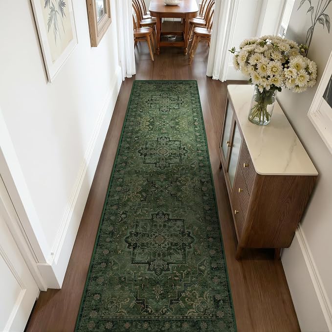 Tranditional Medallion 2x8 Dark Green Runners for Hallways Entryway, Low Pile Washable Non Slip Distressed Printed Carpet Runner Rug 8ft for Kitchen/Bedroom Bedside/Laundry Room/Bathroom