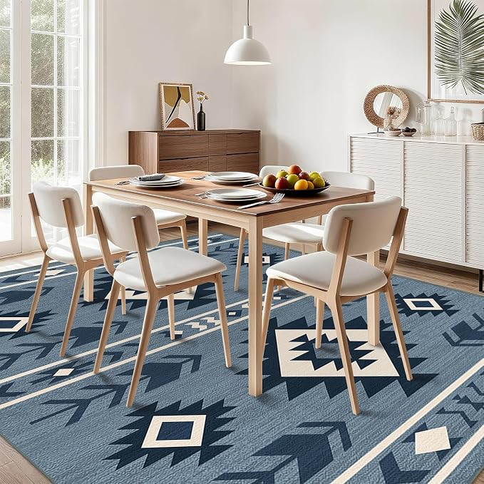 Western Area Rug 4x6 for Living Room, Southwestern Aztec Tribal Area Rugs Southwest Navajo Machine Washable Rug Non-Slip Printed Low-Pile Floor Carpet for Bedroom Dining Room Office, Blue