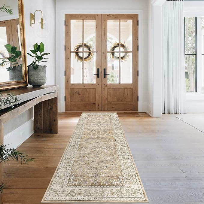 U'Artlines 2' x 6' Boho Hallway Runner Rug Non Slip Runners,Cream Tan | Washable, Vintage Farmhouse Kitchen Rug Accent Area Carpet for Entryway Laundry and Living Room