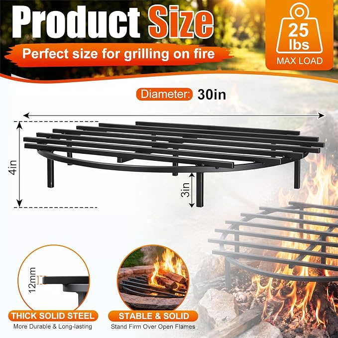 30 Inch Fire Pit Grate Round Heavy-Duty Solid Steel Fire Pit Grate with Elevated Legs, Multi-Functional Log Holder for Fireplace Outdoor Camping, Backyard Barbecue, Cooking