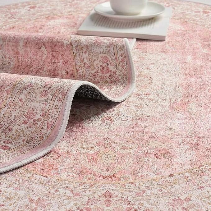 Latte&Fog 6ft Pink Round Area Rug for Girl Bedroom Washable Cute Circle Rug | Non Slip Low Pile Soft Floral Indoor Carpet for Living Room Kids Playroom Nursery Classroom Dorm Decor Dining Kitchen Office