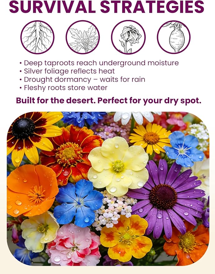 Wildflower Seeds – Desert Bloom Drought-Tolerant Mix, 23 Varieties Annuals & Perennials, 36,000+ Seeds (4oz) Covers 450-600 sq.ft. – High Germination, Thrives on Neglect, Less Water More Flowers