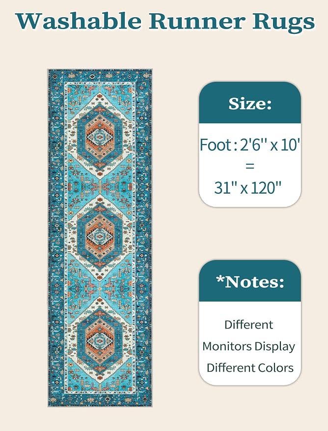 SERISSA 2'6"x10' Washable Non Slip Boho Runner Rug for Hallway，Blue | Ultra Soft Vintage Oriental Carpet Low-Pile Tribal Floor Carpet for Kitchen Bedroom Bathroom Laundry Room