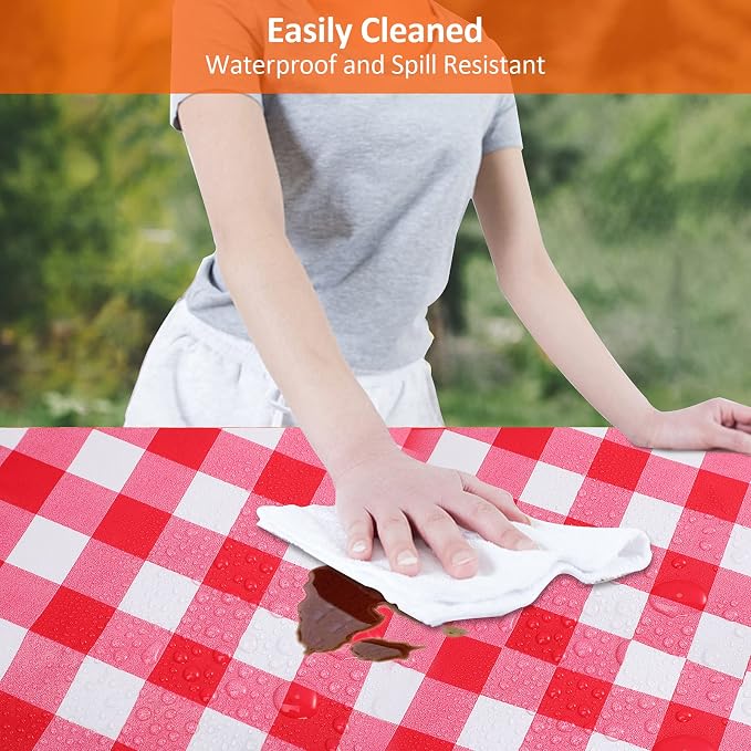 8ft Picnic Table and Bench Cover, Camping Essentials RV Gear, 96 in Waterproof Windproof Outdoor Elastic All Around Tablecloth, Fitted Rectangle Tables and Seats, Red-White Checkered