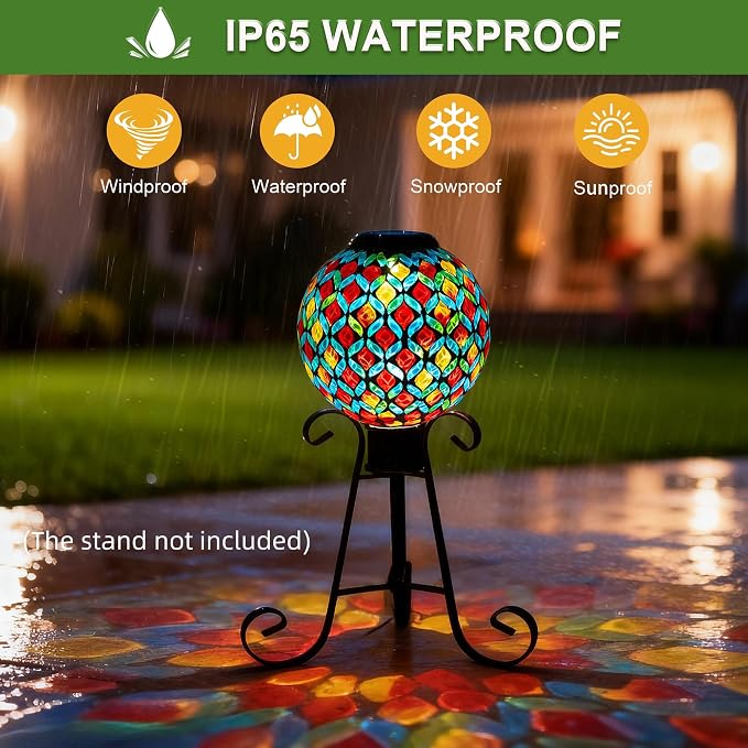 VOREEN 8" Solar Mosaic Glass Garden Ball, IP45 Waterproof Globe Yard Light, Automatic Dusk-to-Dawn Colorful Landscape Lamp for Patio Lawn Pathway Outdoor Decoration
