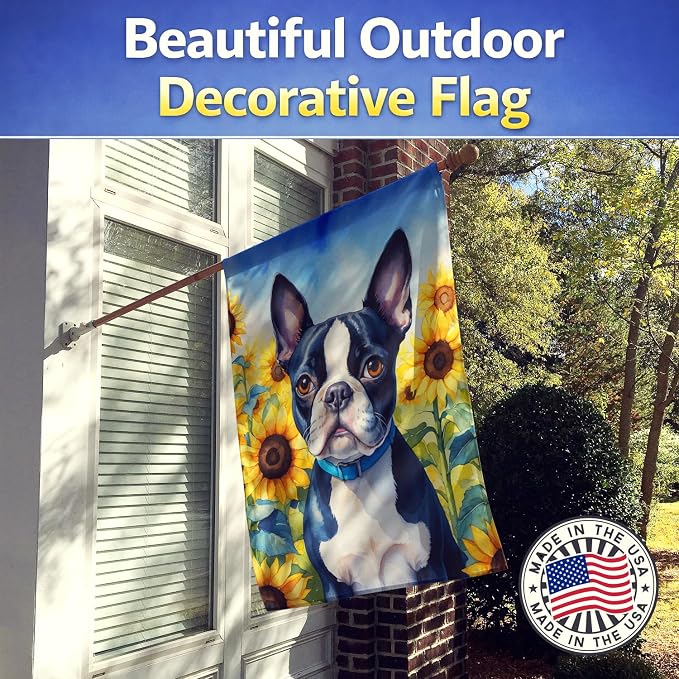 Caroline's Treasures DAC6036CHF Boston Terrier in Sunflowers House Flag Large Porch Sleeve Pole Decorative Outside Yard Banner Artwork Wall Hanging, Polyester, House Size, Multicolor