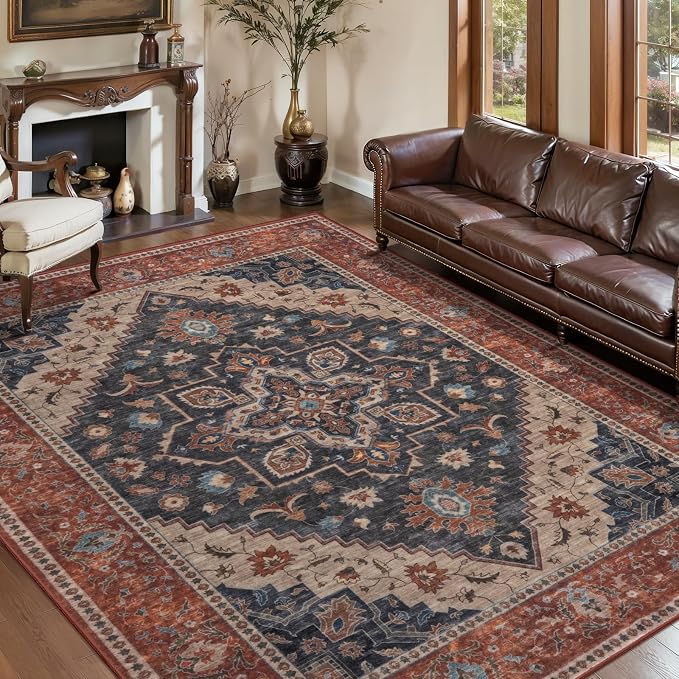 Tangsoo 5x7 Washable Area Rugs for Living Room, Vintage Indoor Non Slip Rug | Oriental Large Print Carpet, Farmhouse Soft Low Pile Foldable Boho Floor Rugs for Bedroom Dining Room Office Home Decor