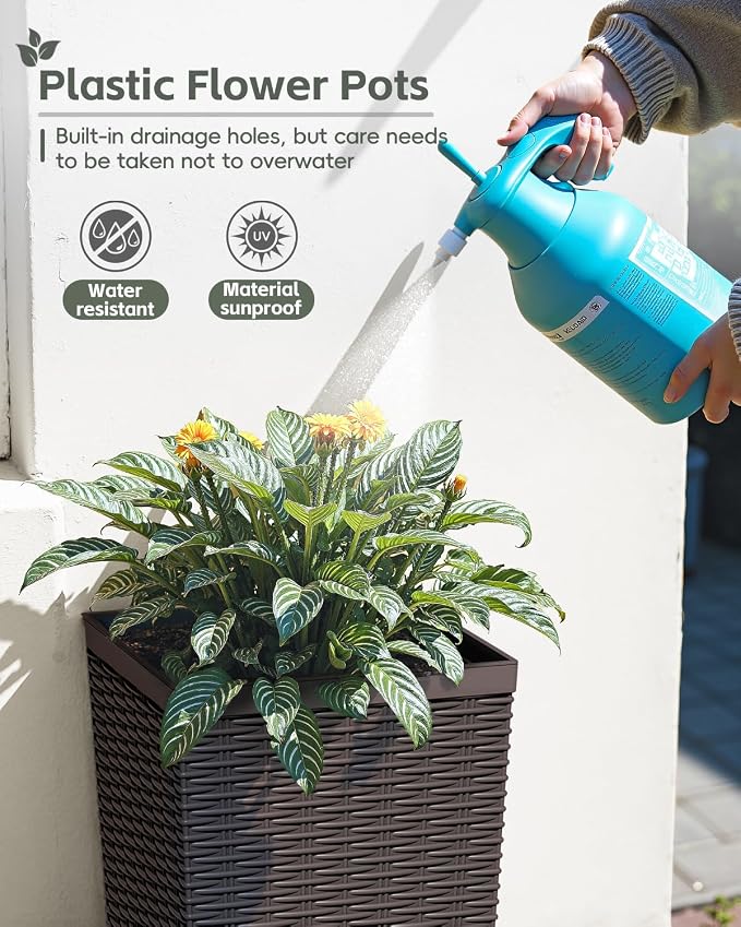 Greesum 30 Inch Tall Plastic Planters (Set of 2), Extra Large Outdoor Flower Pots with Detachable Inner Pot & Drainage Holes for Large Plants, Trees, Patio, and Garden, Brown