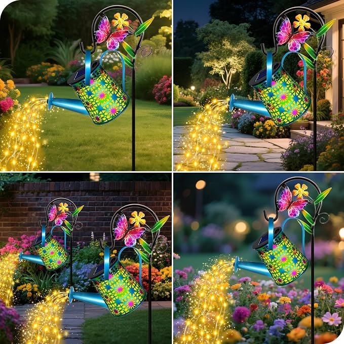 Solar Lights Outdoor Decorative, Blue Metal Solar Watering Can Lights Waterproof, Gifts for Women Mom Birthday, Hanging Lantern Decoration Garden Decor Yard Light for Outside Patio Lawn Porch