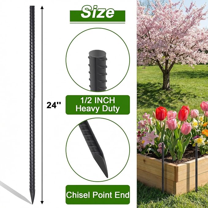 AAGUT Rebar Stakes 24 Inch 10 Pcs Landscape Timber Spikes 1/2", Heavy Duty Straight Garden Plant Stakes for Concrete Forming, Ground Anchors with Chisel Point End, Black