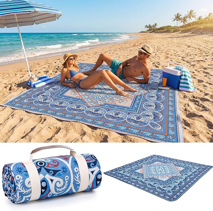 Mindsoft Boho Picnic Blankets 80''x 80'' Extra Large Beach Blanket Waterproof Sandproof Foldable Machine Washable Vintage Grass Lawn Park Mat for Family Camping Party Music Festival