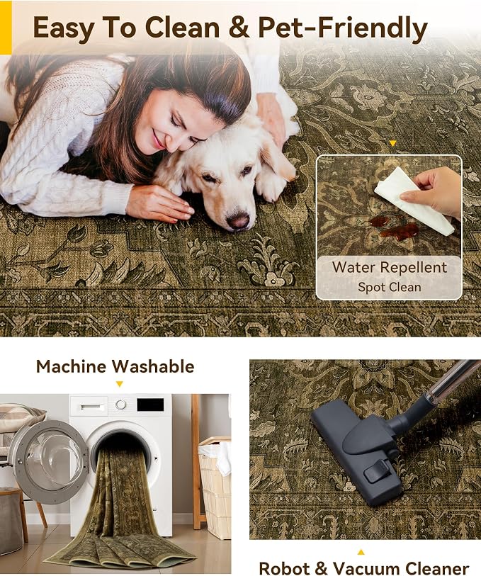 RELEANY Washable Area Rug, 7'x9', Brown/Dark Brown | Non-Slip, Water Repellent, Pet Friendly, Easy to Clean, Vintage Floral Boho Decor for Living Room Bedroom Dining Room Office