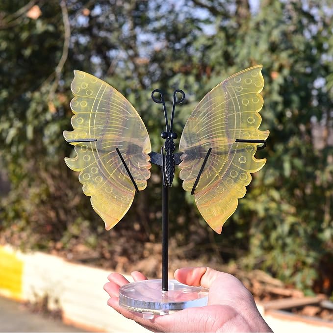 JIC Gem Large Yellow Fluorite Crystal Butterfly Art Cute Gemstone Butterfly Decorative Yellow Crystal Butterfly Wings with Stand Reiki Healing and Crystal Grid Meditation Decor Gifts (1pair, 17-18cm)