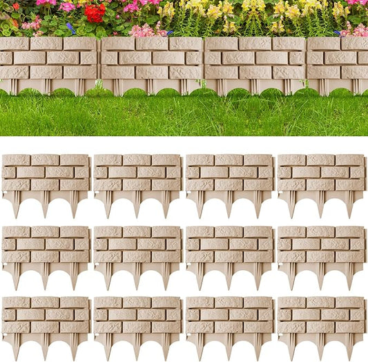 Landical 12 Pcs Imitation Stone Garden Fence, Faux Stone Retaining Wall Look Garden Bricks Border with Ground Stakes, 17.3 x 12.6 in Gray Plastic Edging Blocks for Flower Beds, Lawn, Mulch (Yellow)