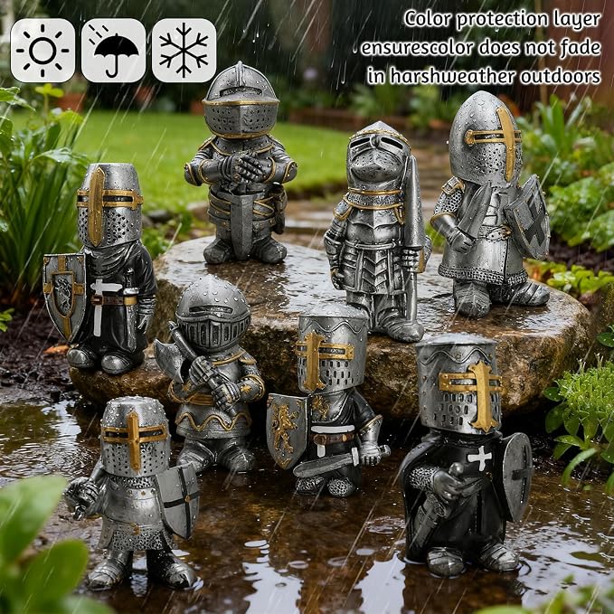 8PCS Knight Garden Gnomes Decorations Statue Medieval Guard Resin Figurines | Warrior Sculptures, Funny Army Gnomes, Durable Resin, 3D Hand-Painted, Outdoor Indoor Decor, Yard, Lawn, Farm, Home Ornament