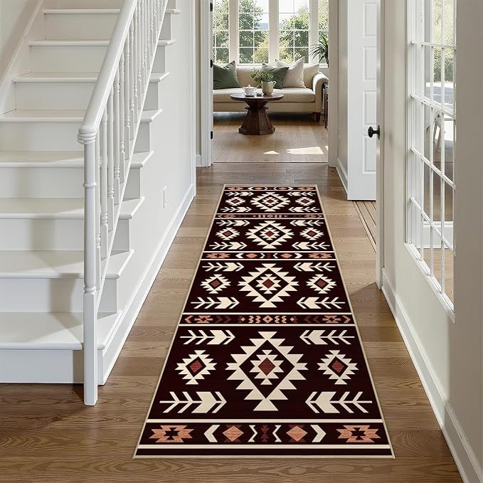 Western Runner Rug 2x6 for Hallway Kitchen Bedroom, Southwestern Aztec Tribal Runner Rugs Southwest Navajo Machine Washable Rug Non-Slip Printed Low-Pile Floor Carpet Mat for Living Room, Red Brown