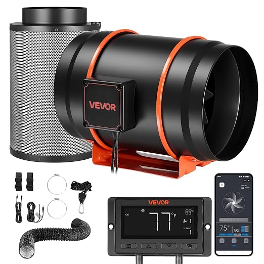 VEVOR Inline Duct Fan Kit Carbon Filter, 807 CFM 8 inch EC Motor Exhaust Ventilation Fan with 10-Speed, PWM Controller, App Control, Timer, Cooling for Grow Tent, Indoor Gardening, Hydroponics
