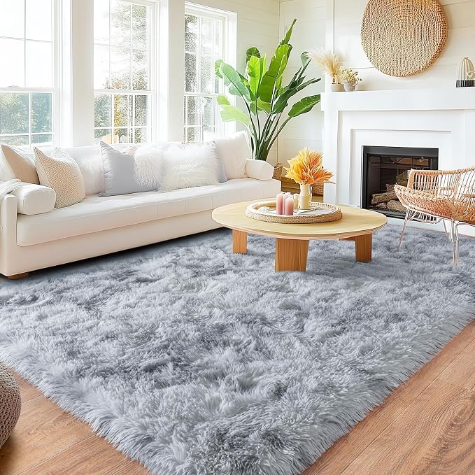 8x10 Area Rugs for Living Room, Large Ultra Fluffy Fuzzy Shag Rug for Bedroom, Modern Plush Soft High Pile Upgrade Non-Slip Carpet for Kids Girls and Boys Room Decor, Tie-Dyed White Grey