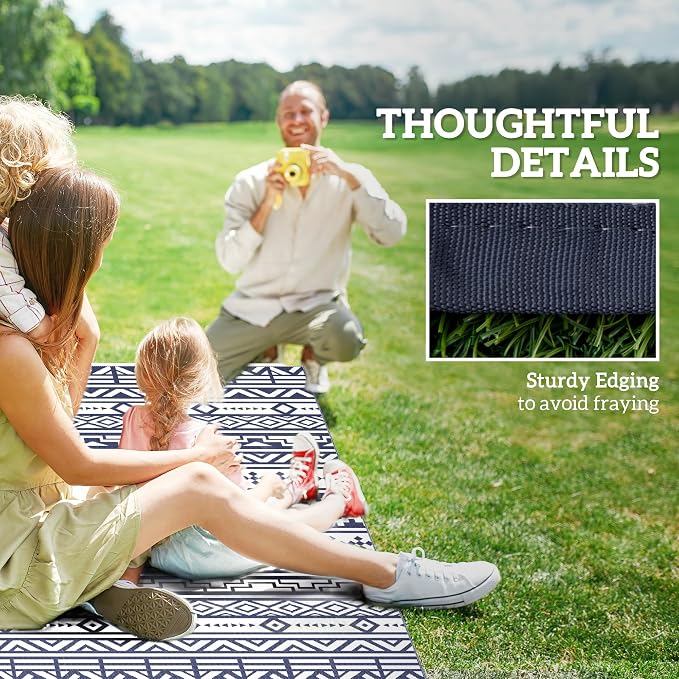 Outsunny Outdoor Rug for Patio, 6' x 9' Waterproof Large Mat, Reversible Plastic Straw Rug for Decor, Portable Outside RV Camping Area Carpet Mat for Backyard Porch Deck Picnic, Blue & White Geometric