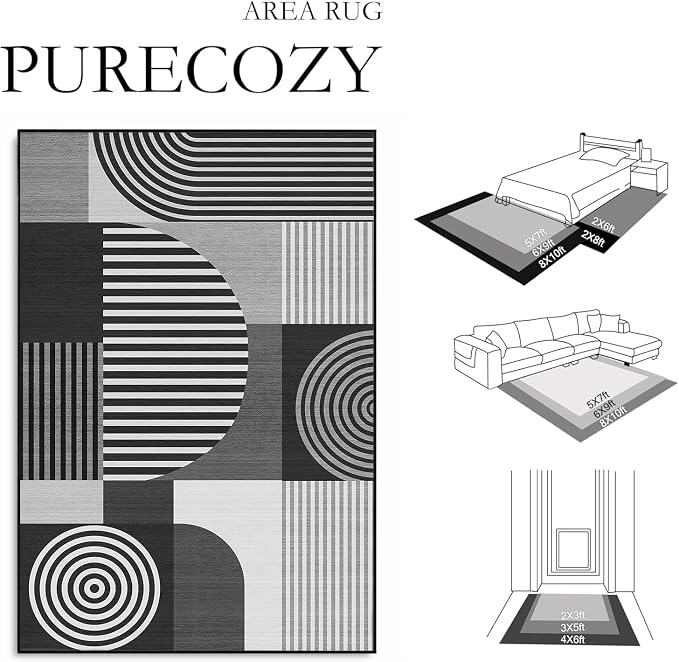 Grey Geometric Rug 3x5 for Bedroom Living Room Black White Mid Century Modern Rug Machine Washable Gray Minimalist Line Rugs Non Slip Low Pile Mat Indoor Floor Carpet for Bathroom Laundry