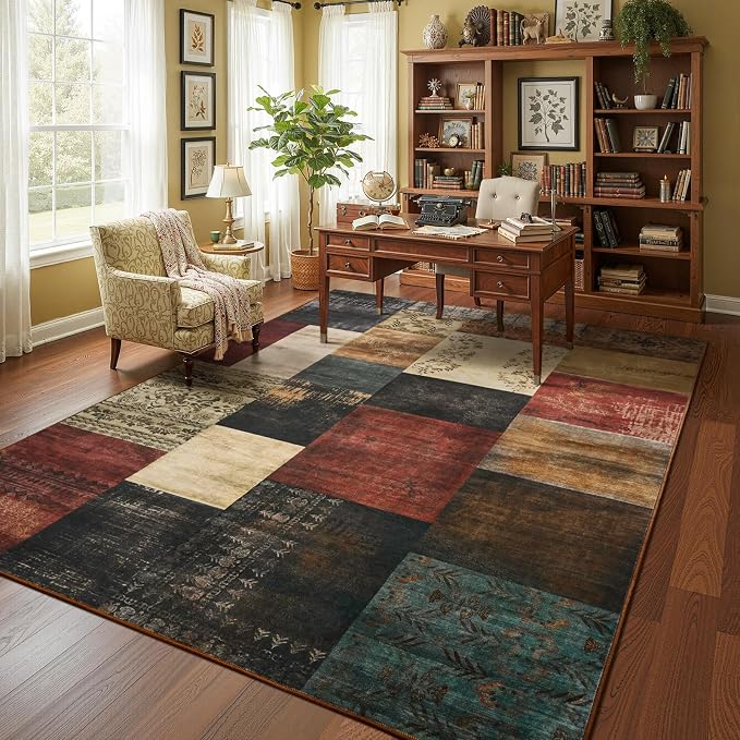 Washable Area Rugs 9x12 for Living Room, Large Modern Geometric Colorful Soft Patchwork Carpet, Non-Slip Stain Resistant Throw Rug for Bedroom Dining Room Office Home Decor