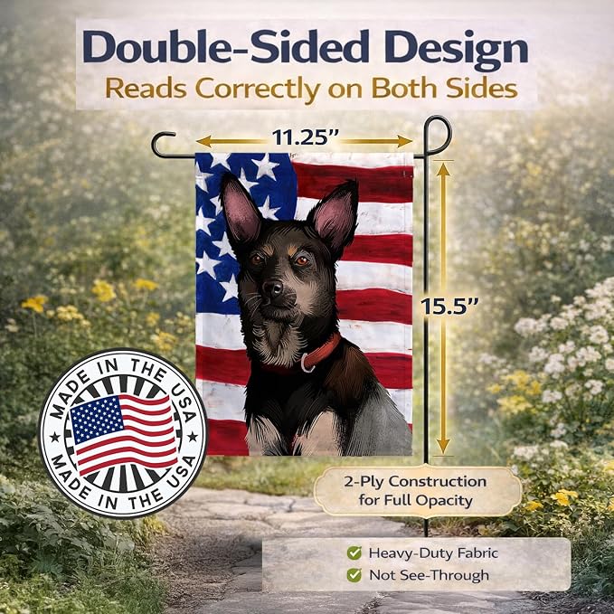 Caroline's Treasures CK6411GF Australian Kelpie American Flag Garden Flag Mailbox Flag Decorative Yard Flag Banner Outside Patio Artwork Yard Flower Beds, Garden Size, Multicolor