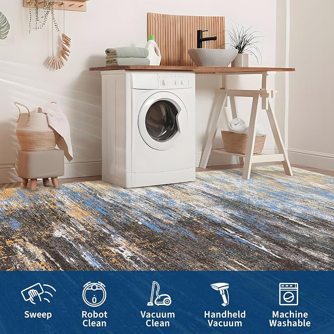 ROYHOME Washable Rug 9x12 Area Rug for Living Room, Blue/Brwon | Non Slip Abstract Rug for Bedroom, Ultra Soft Area Rug, Low Pile Soft Contemporary Indoor Floor Carpet Cover