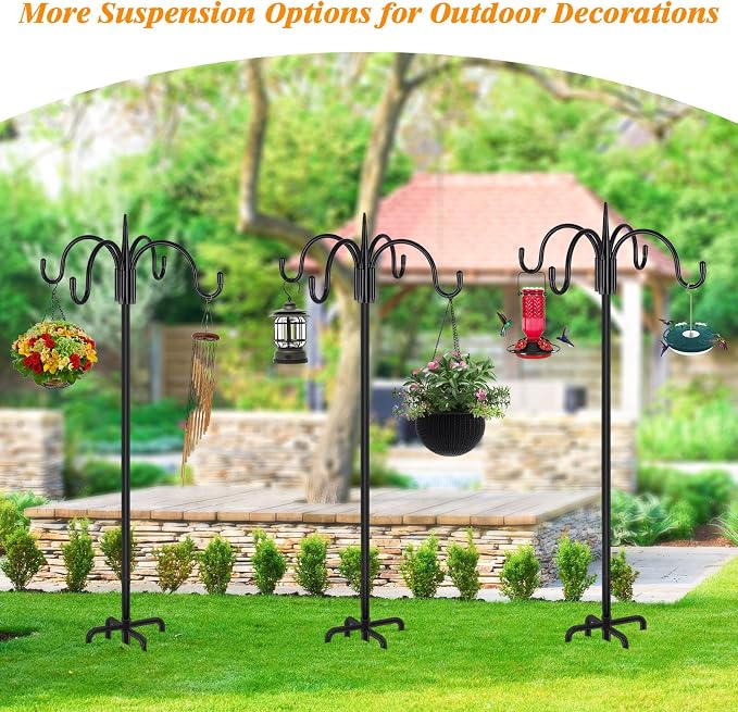 FEED GARDEN Heavy Duty Shepherds Hook 2 Pack 92" Four Hooks Adjustable (44/60/76/92") - Metal 5-Prong Base, 17lb Capacity - Easy Assembly Bird Feeder Pole for Hanging Planters, Lanterns, Wind Chimes