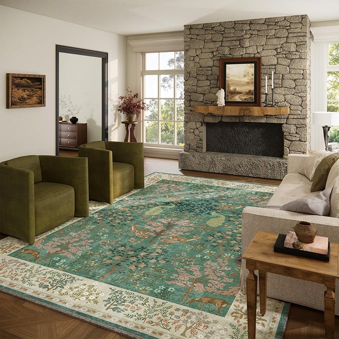 Machine Washable Rugs for Living Room: 9x12 Bedroom Rug Vintage Area Rug Stain Resistant Non Slip Low Pile Lightweight Soft Carpets for Living Room Dining Room Kitchen Nursery Kids Room Farmhouse