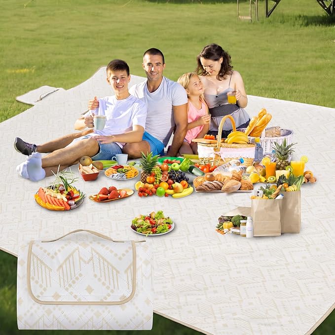 80" x 100" Extra Large Picnic Blankets Beach Mat Sandproof Waterproof Foldable Oxford Blanket Beach Mat Picnic Stuff for Family Camping Hiking Party Park Grass(Yellow and White,Boho)