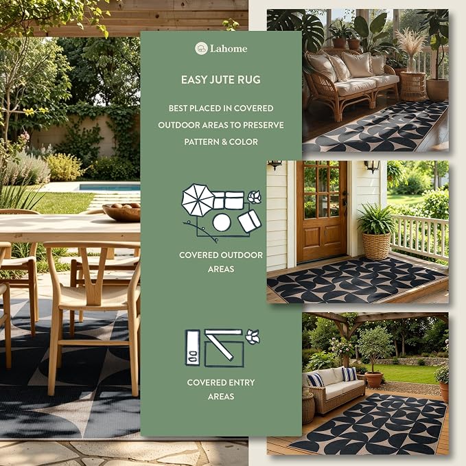 Lahome Semi Circle Easy Jute 5x7 Outdoor Rug, Geometric Washable Area Rug | Mid-Modern Non Slip Non Shedding Indoor Outdoor Black Carpet for Bedroom Dining Room