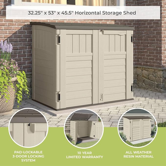 Suncast 4 Pack 34 Cu Ft Capacity Horizontal Outdoor Storage Shed for Garbage Cans, Garden Accessories, Backyard, and Patio Use, Vanilla