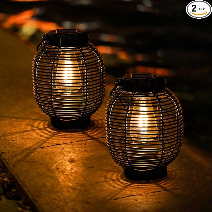 Solar Lanterns Outdoor Waterproof Rattan Solar Lights for Outside Garden Decor Mothers Day Gifts Hanging Lanterns Decoration Outside for Yard, Backyard, Patio Porch, Pathway，Black, Pack of 2