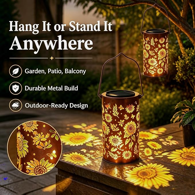 Sunflower Colorful Solar Lantern Outdoor Waterproof, Garden Decor Gifts for Women Mom Grandma, Hanging Solar Lantern Lights Metal Decoration Outside for Yard, Patio, Backyard, Porch