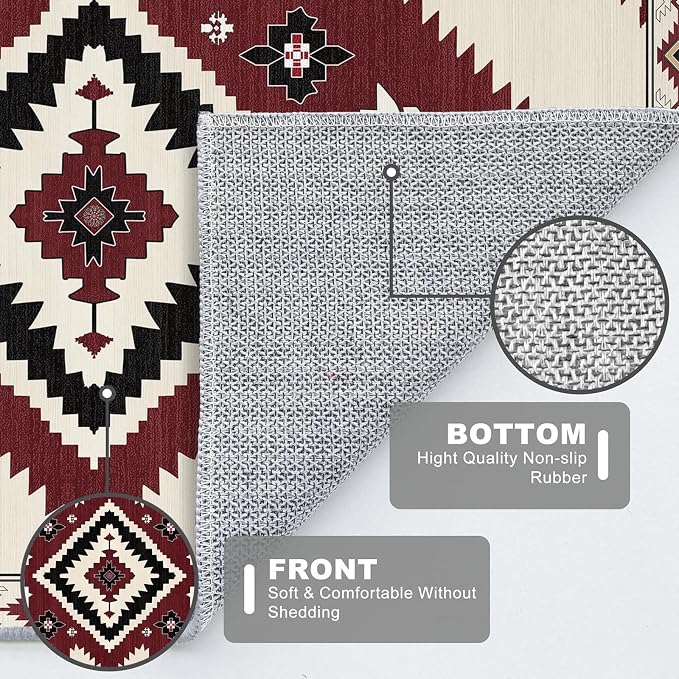 4x6 Western Rugs for Living Room Southwestern Aztec Tribal Area Rug | Washable Southwest Navaj Rugs Low Pile Non-Slip Indoor Floor Carpet for Dining Room Bedroom Kitchen Office, Beige Red