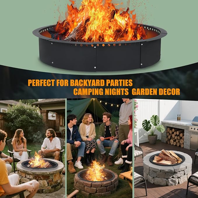 40 Inch Smokeless Fire Pit Ring, Heavy Duty Steel Fire Pit Ring Insert with Air Vent Design, 44 Inch Outer Diameter Round Fire Ring for Outdoor Wood Burning, Backyard, Patio, Garden & Camping