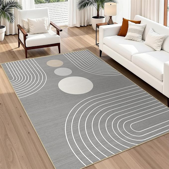 Area Rug 5x7 Boho Modern Minimalist Geometric Abstract Rug Grey Mid Century Modern Rug for Living Room Machine Washable Non-Slip Printed Low Pile Indoor Carpet for Bedroom Dining Room Office Gray