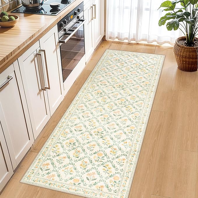 PLHXFR 2.6x8 Washable Runner Rug：Floral Indoor Kitchen Carpet Beige Multi | For Hallway Bedroom Kitchen Laundry Bathroom Dorm,Vintage Floral,Machine washable,Non Slip,Stain Resistant,Indoor Floor
