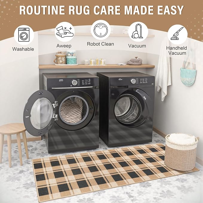 2x6 Checkered Jute Runner Rug for Kitchen Indoor Floor Area Carpet | Washable Jute Area Rug With Non-Slip Backing, Low-Pile Texture, Farmhouse Geometric Pattern In Neutral Brown/Black, Durable
