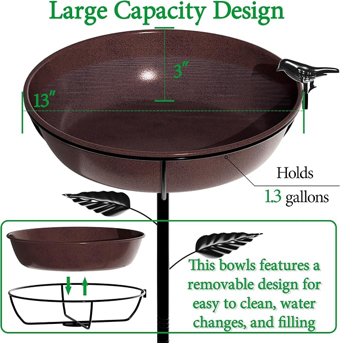 3" Deep Metal Bird Bath for Outdoors 40in Tall, Removable 13" Dia Birdbath Bowl with Stable Stake, Vintage Birdbaths and Bird Feeders for Outside Garden Yard Patio Lawn Decor(Antique Bronze)