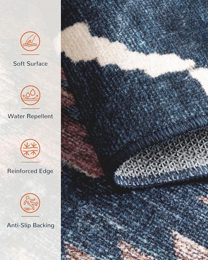 4'x6' Washable Area Rug for Living Room Bedroom Darkblue | Soft Western No Slip Low Pile Print Foldable Indoor for Kitchen Dining Room