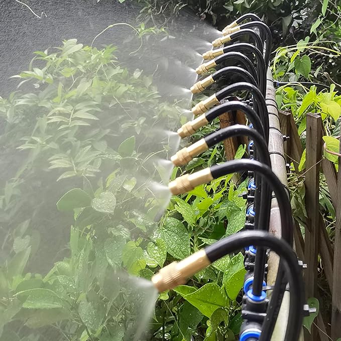 Upriver 15 Pcs Brass Misting Nozzles Tee with 8 Inch Built in Hose for 0.315"/8 mm Tubing, 360° Rotation Adjustable Water Mister Nozzle Thread Sprayer for Garden Watering System