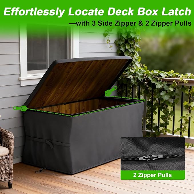 EVRBUL Upgraded Deck Box Cover 63×30×28 Inch for 150-230 Gallon Outdoor Storage Container Heavy Duty 420D Cover with Durable Two-way Zipper Windproof Buckles and Drawstrings