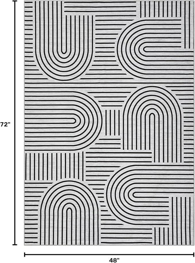 ROYHOME Modern Washable Rug Rainbow 4x6 Area Rugs for Living Room Non Slip | Abstract Rug for Bedroom, Throw Rugs with Rubber Back, Low Pile Stain Resistant Geometric Carpet for Playroom Dorm BlackWhite