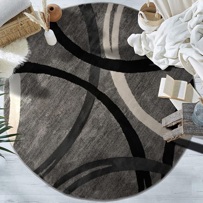 Rugshop Wavy Circles Jute Backing Living Room Dining Room Round Rug Gray 8' | Round, Bedroom, Home Office, Kitchen, Entryway, Hallway, Nursery, Kids Room, Guest Room, High Traffic Area, Under Table
