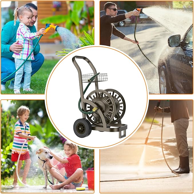 GOFORWILD Heavy Duty Steel Garden Hose Reel Cart with Wheels | Holds 200ft of 5/8 Hose, Storage Basket, Anti-Tip Design, Mobile Water Reel for Lawn, Yard, Garden
