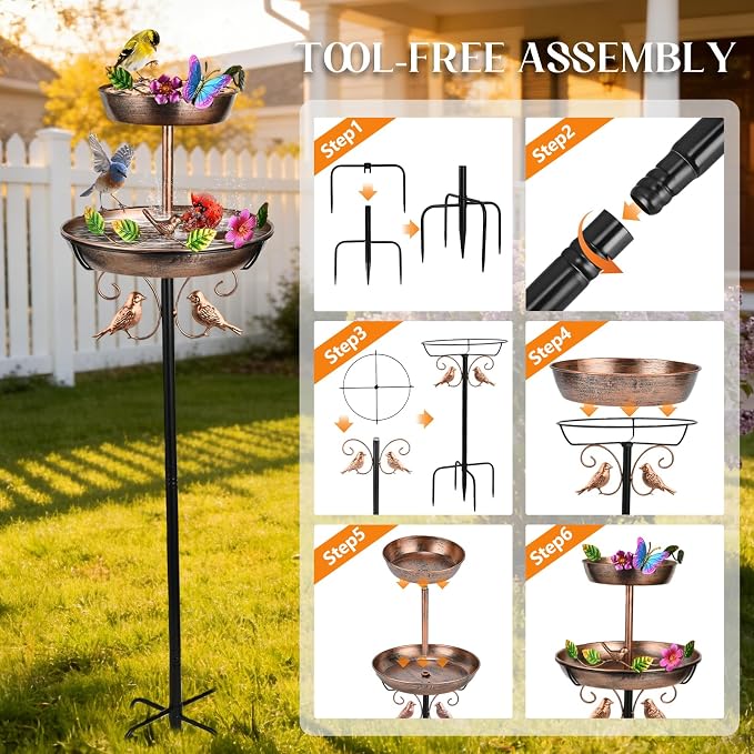 43" Bird Bath and Feeder for Outside 2-tier, 12" and 8" Dia Double Removable Bird Baths Outdoor, Vintage Water Bowl Birdbaths, Garden Patio Lawn Decor with Butterfly and Floral Bird Border Decorative