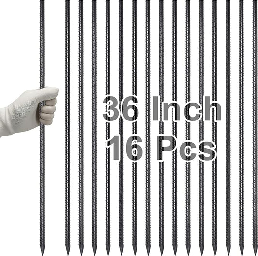 VVOKGO Rebar Stakes 36 Inch 16-Pack Concrete Form Stakes Heavy Duty Straight Ground Anchors, 3/8" Diameter Metal Steel Spikes with Chisel Point End for Plant Support, Garden Border,Landscape Edging