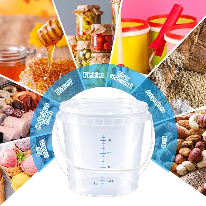 5 Pack 1 Gallon Clear Bucket with Lid Plastic Food Storage Containers for Kitchen Pantry, Meal Prep, Snack, Rice, Flour, Pet Food-Transparent Bucket with Scale Marks, 4 Quart